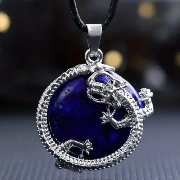 Lapis Lazuli Natural Stone Dragon Pendant Healing Gemstone Necklace - Picture 1 of 2